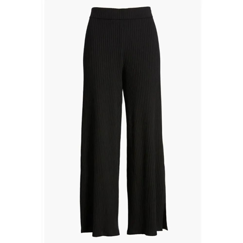 New Eileen Fisher Ribbed Side Slit Wide Leg Pants in Black Size Medium (10-12)